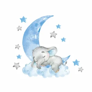 Sticker bébé Eléphant et Lune bleue