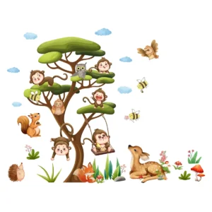Stickers chambre enfant Arbre Singes