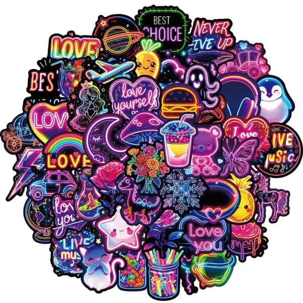 50 mini stickers néon psychédéliques