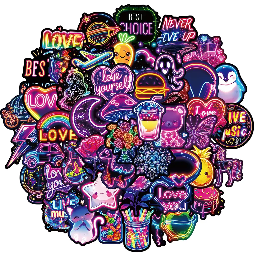 50 mini stickers néon psychédéliques