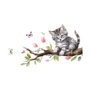 Sticker Chaton gris sur branche