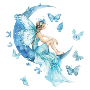 Sticker Fée papillon sur lune bleue