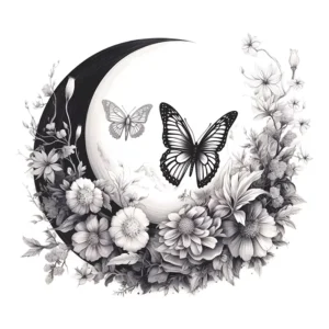 Sticker Lune fleurie et papillons