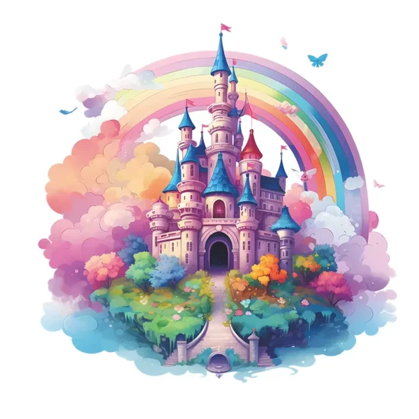 Sticker fille Château et arc en ciel