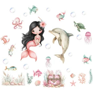 Stickers fille Sirène et dauphin