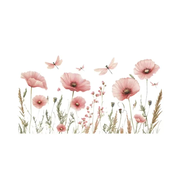 Sticker Libellules et fleurs roses