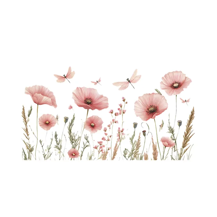 Sticker Libellules et fleurs roses