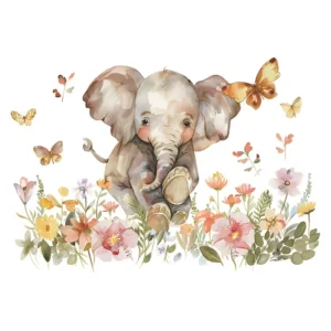 Sticker mural Eléphanteau et fleurs