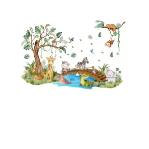 Sticker chambre enfant – Animaux mignons sur pont et petit lac