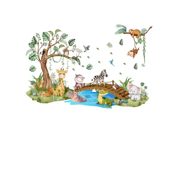 Sticker-chambre-enfant-Animaux-mignons-sur-pont-et-petit-lac