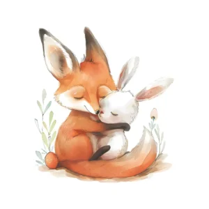 Sticker enfant Câlin renard et lapin