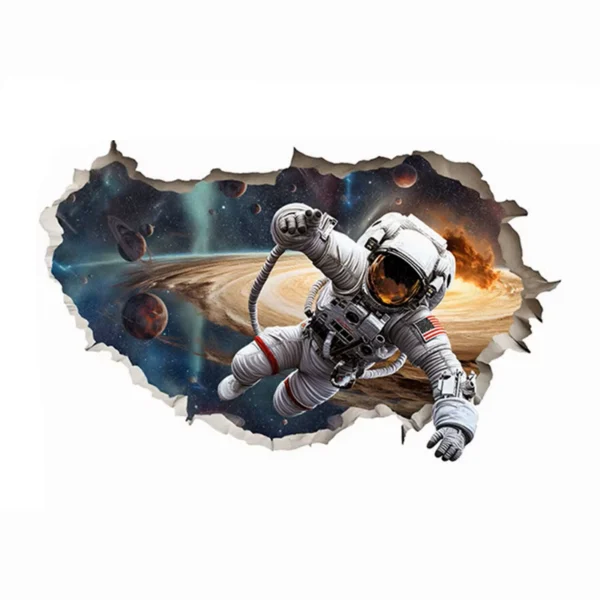 Sticker-trompe-l’œil-mur-cassé-Vue-sur-espace-et-astronaute