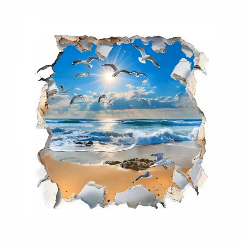 Sticker trompe-l’œil mur cassé - Vue sur mer et mouettes