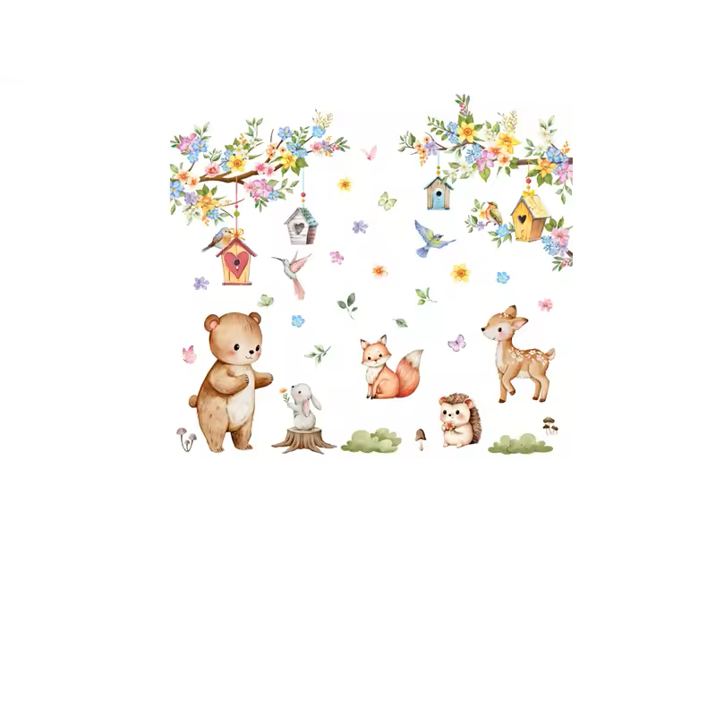 Stickers-chambre-bébé-Animaux-forêt-et-mangeoires-suspendues