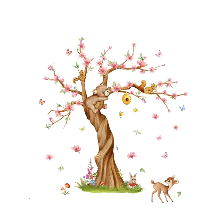 Stickers enfant Ourson et arbre rose