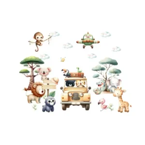 Stickers enfant Safari en jeep et ses animaux
